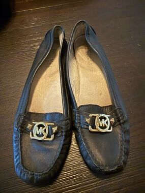 Michael Kors Black Leather Logo Loafers Flats Size 7 Women MK Gold Hardware